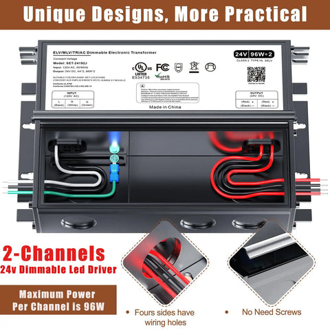 Plug And Play 24V Dimmable LED Driver Transformer For Smooth Dimming And Flicker Free Performance Compatible With Lutron Leviton Switches Ideal For 24V LED Strips Modules And Bulbs Triac ELV MLV Ready, 2-channel metal enclosure
