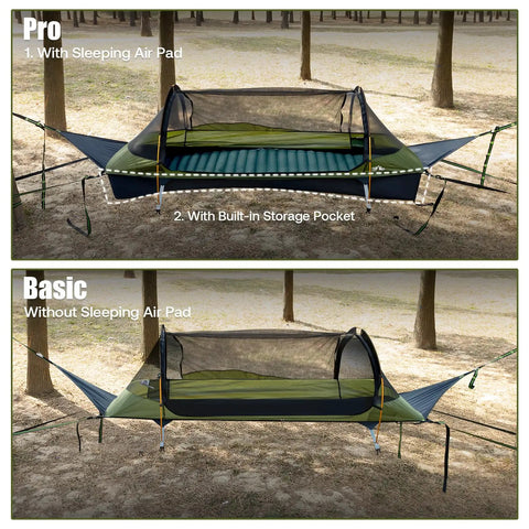 Flat Lay Hammock Tent With Bug Net And Waterproof Rain Fly For One Person, Pro and Basic setup, forest background