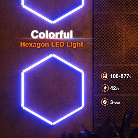 Hexagon LED Garage Lights With 3 Level Dimming For Ceiling Or Wall Mount Plug And Play Hex Lights For Garage Workshop Gym And Game Room Multicolor Blue, showing illuminated hexagonal pattern on wall.