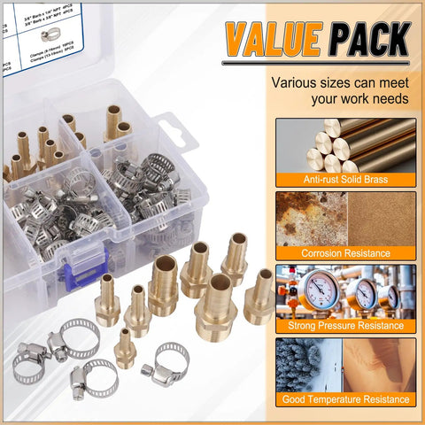 Brass Hose Barb Fittings Kit With 32 Pieces And 46 Clamps For Water Fuel And Air Lines Includes Ten Barb Sizes From Three Sixteenths Inch To One Half Inch And NPT Male Adapters Perfect DIY Auto Boat Garage Plumbing Kit, displayed in a clear storage box with labels for size and material properties.