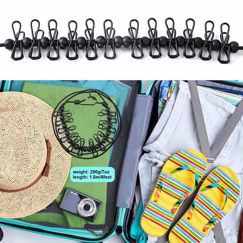 Portable Retractable Clothesline For Camping And RV Life With 12 Clothespins packed in suitcase with travel items