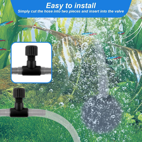 10 Pack T Shaped Aquarium Air Valves One Way Flow Regulator Kit for Fish Tank Air Pump Accessories Fits 3/16 Inch ID Tubing Black Durable Plastic for Easy Airflow Control installed on aquarium tubing