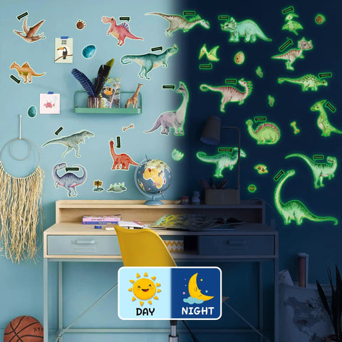 Glow In The Dark Solar System Wall Decals Set With 158 Pieces Stars Moon And Planets For Kids Bedroom Nursery Ceiling And Wall Decor Easy To Apply Reusable Lit Starry Sky Stickers showing both day and night effect with dinosaurs.