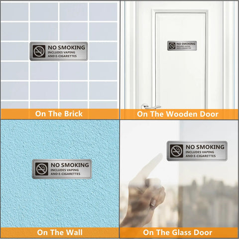 4 Pack No Smoking Signs For Home And Business, Self Adhesive No Vaping Warning Signs on various surfaces