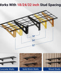 Two Pack 1x4 Foot Wall Shelf Garage Storage Rack Wall Mounted Floating Shelves Black Classic Series Heavy Duty Steel Construction Supports Up To 300 Lbs Total For Garage Pantry Kitchen Organization, 18/24/32 inch stud spacing