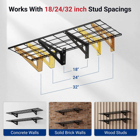 Two Pack 1x4 Foot Wall Shelf Garage Storage Rack Wall Mounted Floating Shelves Black Classic Series Heavy Duty Steel Construction Supports Up To 300 Lbs Total For Garage Pantry Kitchen Organization, 18/24/32 inch stud spacing
