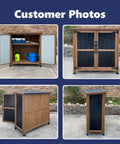 Outdoor Wood And Metal Storage Cabinet With Waterproof Roof For Garden Tools Magnetic Door Four T Hinges Four Adjustable Feet And Two Removable Shelves No Fuss Setup shown with open and closed doors in different views.