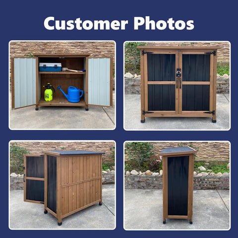 Outdoor Wood And Metal Storage Cabinet With Waterproof Roof For Garden Tools Magnetic Door Four T Hinges Four Adjustable Feet And Two Removable Shelves No Fuss Setup shown with open and closed doors in different views.