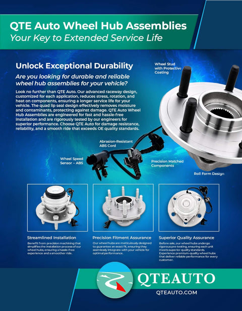 Product flyer showcasing front wheel hub bearing assembly features and benefits, suitable for 2005 Chevrolet Uplander and 1997-2005 Venture models.