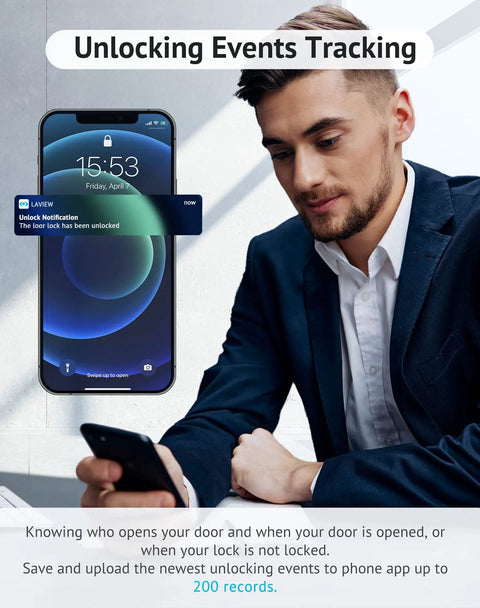 Man checking app for Bluetooth Enabled Smart Door Lock With Keyless Entry, Alexa And Google Assistant Ready, Auto Lock