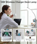 Desk Lamp With Wireless Charger For Home Office, LED Eye Caring Light With 10W Qi Pad, CRI 90, lady using desk lamp with phone charging