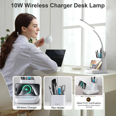 Desk Lamp With Wireless Charger For Home Office, LED Eye Caring Light With 10W Qi Pad, CRI 90, lady using desk lamp with phone charging