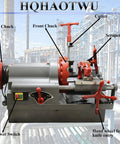 Heavy Duty One Hundred Ten Volt Electric Pipe Threading Machine And Half Inch To Three Inch Threader Kit showing controls and parts labeled.