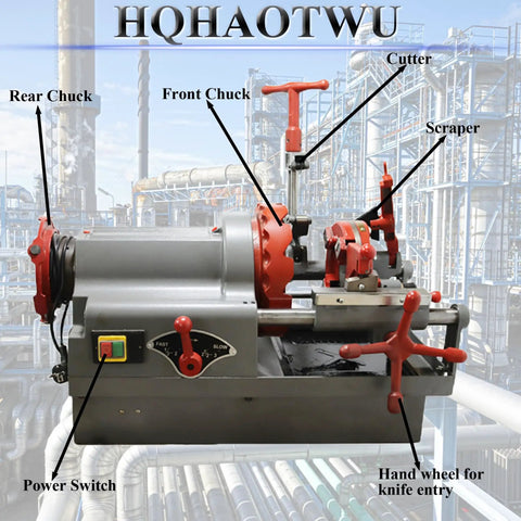 Heavy Duty One Hundred Ten Volt Electric Pipe Threading Machine And Half Inch To Three Inch Threader Kit showing controls and parts labeled.