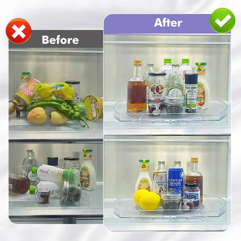 Before and after using Rotating Lazy Susan Turntable Organizer Rectangular 16.5 Inch By 11.1 Inch for fridge organization