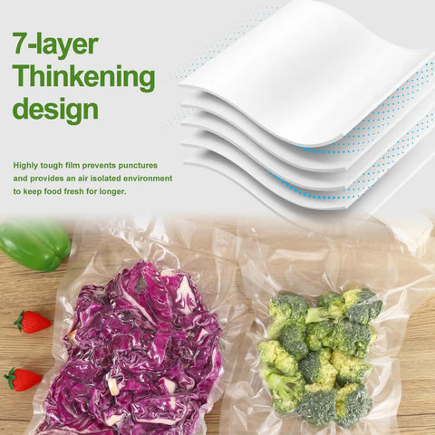 Vacuum sealed purple cabbage and broccoli in BPA-free six 11 inch by 20 foot vacuum sealer bags rolls for food storage