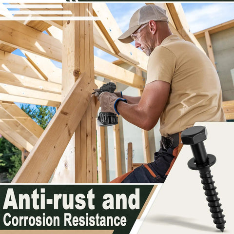 Worker using Beefy Lag Screws Kit 3/8 Inch By 3 Inch With Washers 80 Pack Black Ceramic Coated for timber construction, anti-rust