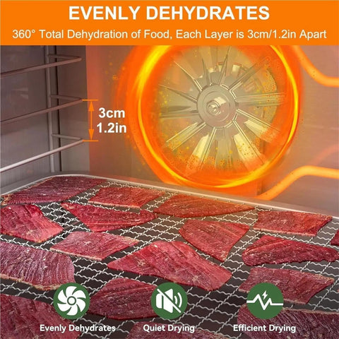 Badass Food Dehydrator For Meat Making Slick Homemade Jerky Plus Healthy Fruit Chips With Sturdy Stainless Steel Trays showing jerky in drying process.
