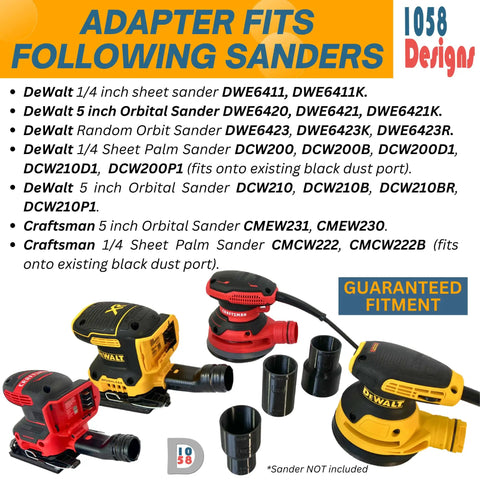Universal Sander Vacuum Adapter 1-1/4 Inch Hose for Dust Collection shown with DeWalt and Craftsman sanders, various adapters displayed.