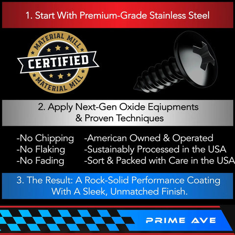 Black Oxide Stainless Steel License Plate Screw graphics and certification details