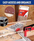 Heavy Duty Aluminum Blind Rivets 200Pc 3/16 X 1/2 Pop Rivet Assortment in a toolbox with a hand riveter on wood.