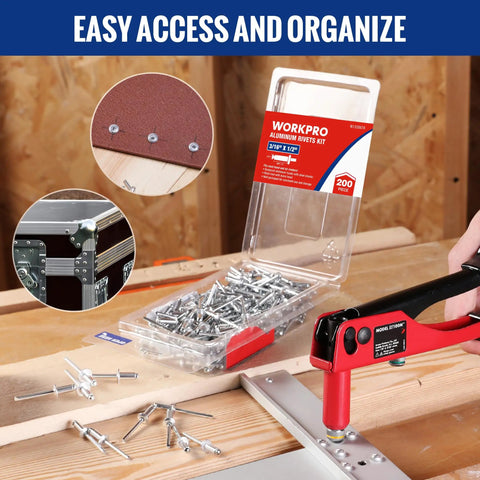 Heavy Duty Aluminum Blind Rivets 200Pc 3/16 X 1/2 Pop Rivet Assortment in a toolbox with a hand riveter on wood.