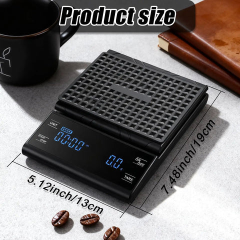 Rechargeable Coffee Scale With Timer For Pour Over And Espresso, Barista Grade, 5Kg Capacity, Auto Tare, shown with size