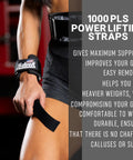 Close-up of person using heavy duty powerlifting wrist straps with neoprene comfort and nylon strap for maximum grip and support.