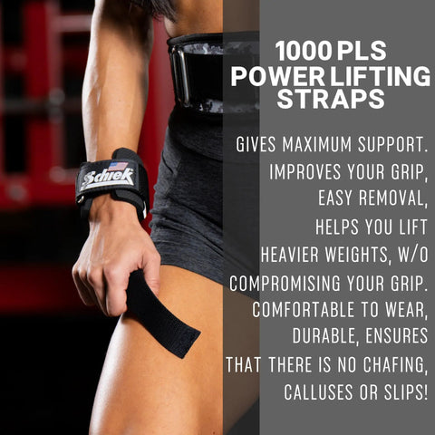 Close-up of person using heavy duty powerlifting wrist straps with neoprene comfort and nylon strap for maximum grip and support.
