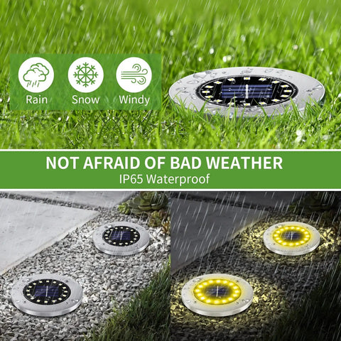 Lit 16 LED Solar Ground Lights Outdoor Warm White Disk Lights for Pathway Garden Yard IP65 waterproof in rainy weather
