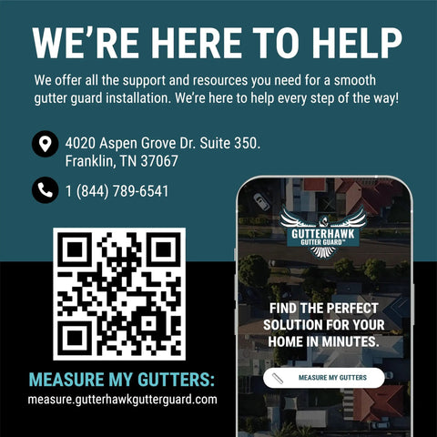 Customer support advertisement for Gutterhawk Gutter Guard installation with phone number and QR code.