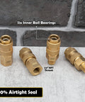 Front view of four brass JACO Hi-Flo quick-connect air hose fittings with knurled bodies, 1/4" NPT threads.