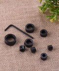 8-Piece Drill Stop Collar Kit Inch Sizes 1/8 To 5/8 With Allen Wrench for precise hole depth control, includes various black steel collar sizes.