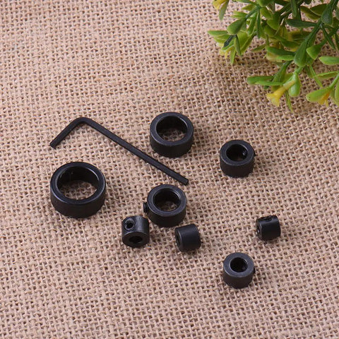 8-Piece Drill Stop Collar Kit Inch Sizes 1/8 To 5/8 With Allen Wrench for precise hole depth control, includes various black steel collar sizes.