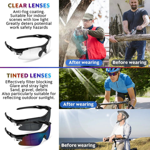 Comparison of ANSI Z87.1 safety glasses with clear and tinted lenses, showing before and after wearing in different settings.