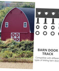 Barn Door Track Connector Set Black Flat Mending Repair Plate For Barn Door Hardware And Sliding Doors, rail connector shown next to a red barn.
