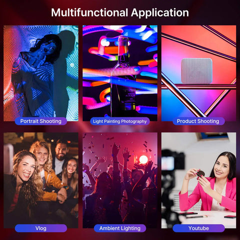 Multifunctional application of VL49 RGB Video Light For Cameras with 6 different colored lighting scenarios including portrait and vlog.