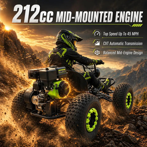 Beast 212cc Off Road Go Kart for Adults and Teens with CVT Automatic driving on rugged terrain at sunset