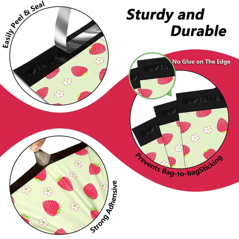 Strawberry Print 12x15.5 Inch Poly Mailers Pack Of 50 Self Sealing Waterproof And Tear Resistant Shipping Bags For Small Business Easy Zip Closure Lightweight Durable Packaging For Ecommerce Shipments depicted with sealing details
