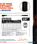 3/8 Inch Drive Click Torque Wrench With 5-80 Ft-Lb Range, certificate of calibration displayed with details and measurements.