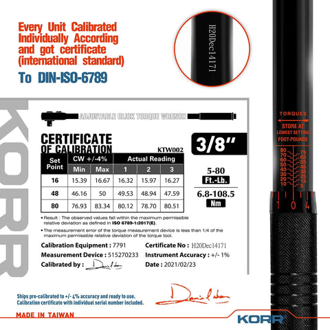 3/8 Inch Drive Click Torque Wrench With 5-80 Ft-Lb Range, certificate of calibration displayed with details and measurements.