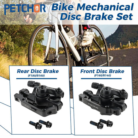 Heavy Duty Mechanical Disc Brake Set Front And Rear Calipers For MTB Road Bike with F160 and F180 setups on a cycle path.