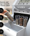 Digital Coin Sorter And Counter Machine With Automatic Currency Separator and Clear Display, sorting mixed coins efficiently.
