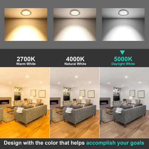 Comparison of lighting colors in a living room with 2700K, 4000K, and 5000K settings from BR30 Flood LED Light Bulbs 5000K Daylight 65W Equivalent.