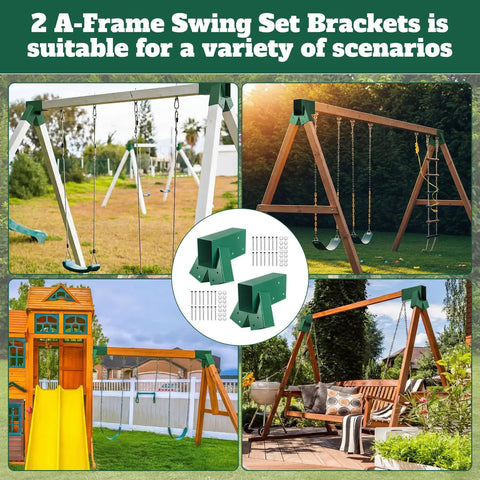 2 Pack Swing Set Brackets A Frame Hardware Kit For Outdoor Green Built To Last Heavy Duty Steel DIY Swing Set Frame With 28 Screws And 28 Washers Includes All Essential Components Wood Not Included. Green A-frame swing brackets with screws and washers for outdoor swing sets
