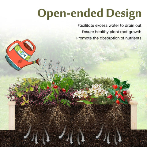 Cross-section of Wooden Raised Garden Bed 48 Inch Long By 24 Inch Wide By 10 Inch High Planter Box showing plant roots and drainage.
