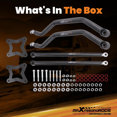 Rear Radius Arms For Polaris RZR XP 1000 And XP 4 1000 2014 Up High Clearance Beefed Up Heavy Duty Suspension Upgrade For Tough Trails And Improved Ground Clearance. steel rear radius arms kit with bolts, spacers, and brackets
