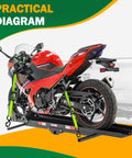 Motorcycle secured with One Inch Ratchet Tie Down Straps 15 Ft 4 Pack With Soft Loops 2100 Pound Break Strength Reflective Thread