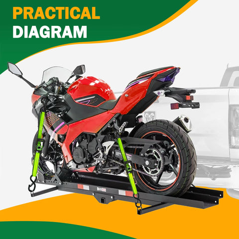 Motorcycle secured with One Inch Ratchet Tie Down Straps 15 Ft 4 Pack With Soft Loops 2100 Pound Break Strength Reflective Thread