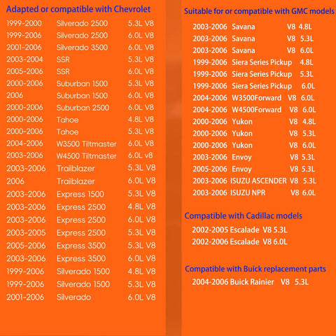 Compatibility chart for Chevrolet, GMC, Cadillac, and Buick models including engine sizes and years.